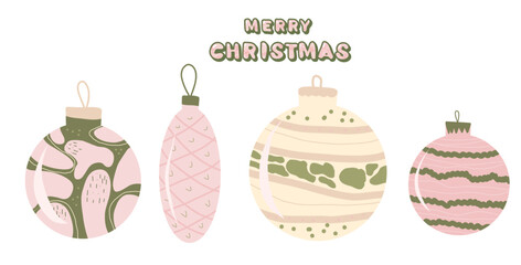 Merry Christmas toys set isolated. Festive holiday hand drawn symbols. Happy New Year ornaments glass balls. Vector flat illustration.