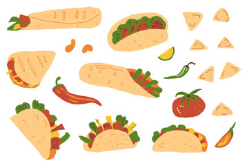 Mexican fast food set. Burrito, taco, nacho. Traditional culture cuisine tortilla with meet, salad, pepper vegetables. Vector flat hand drawn illustration isolated