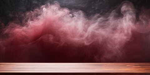 maroon background with a wooden table and smoke. Space for product presentation, studio shot, photorealistic