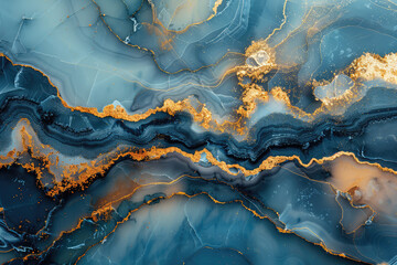 A mesmerizing marble pattern with deep blue and gold swirls, resembling an oceanic scene with golden sunlight filtering through the waves. Created with Ai - obrazy, fototapety, plakaty