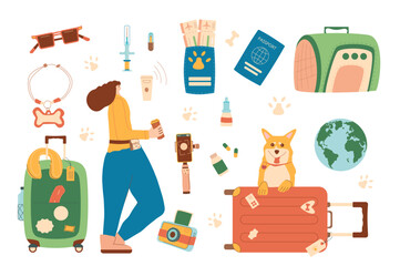 Travel with pets set. Woman with her dog and supplies and accessories for domestic animals isolated on white background. Vector pets carrier, luggage passport with tickets and id tag