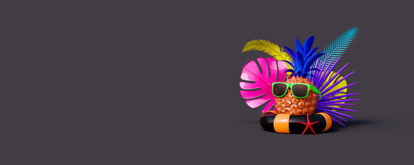 Pineapple with sunglasses resting on the lifebuoy, Summer travel concept on grey background 3d render 3d illustration