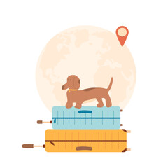 Travel with pets set. Trip with dogs. Suitcases and domestic animal. Puppy with luggage and planet map with location sign. Vector flat illustration