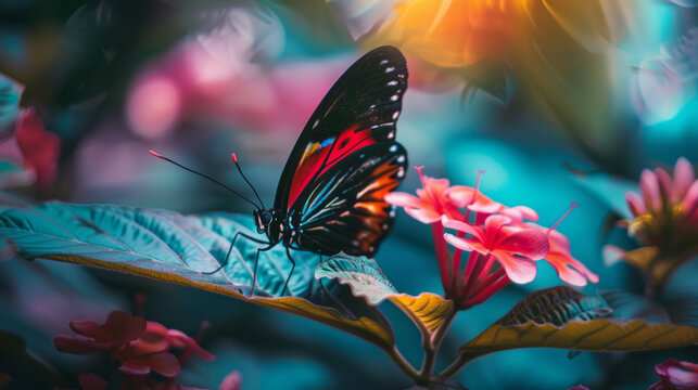 a macro shot of a beautiful butterfly , Bright and vibrant nature