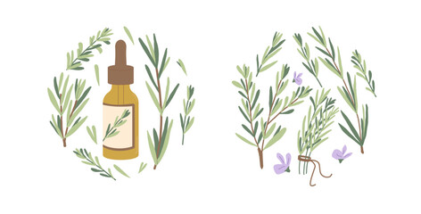 Rosemary essential oil circle emblems set isolated on white background. Glass dropper bottle with herb branch with green leaves and rosemary flowers round label. Vector hand drawn illustration.
