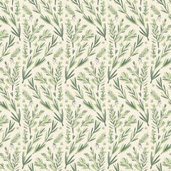 Rosemary herbs branch seamless pattern. Rosemary plant green leaves repeat background. Botanic endless cover. Zigzag loop ornament. Vector hand drawn illustration.