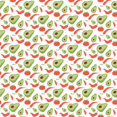 Vegetables seamless pattern. Half avocado, tomato and chili pepper repeat background. Vector hand drawn illustration.