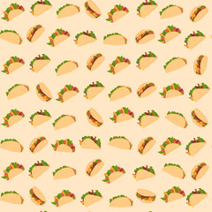 Tacos seamless pattern. Mexican fast food repeat background. Vector flat illustration.