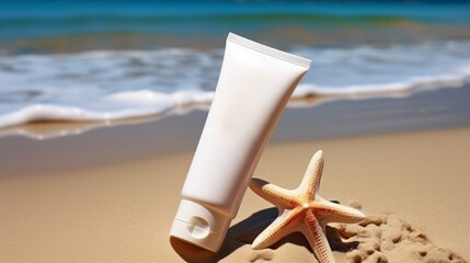 Empty mockup white cosmetic tube on the beach with starfish and seashells