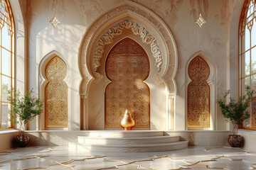  3D render of an Arabian interior with golden and white colors. There is an arched door in the middle that leads to another room, with some plants on each side of it. Created with Ai