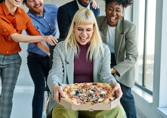 business meeting businesswoman woman office businessman break pizza eating food man meal lunch fun...