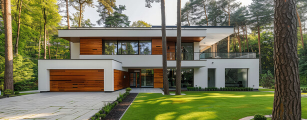 modern white and wood house with garage, green grass lawn, forest in the background