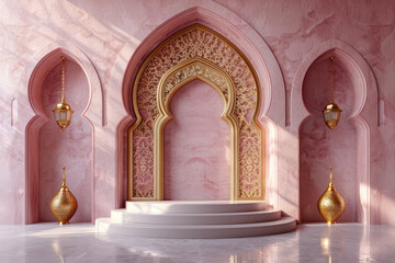 Fototapeta na wymiar pink arabian arch with golden elements and white steps for product presentation space. Created with Ai