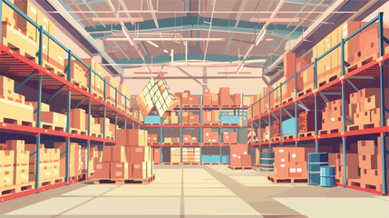 Interior of large warehouse with goods in wooden container - obrazy, fototapety, plakaty