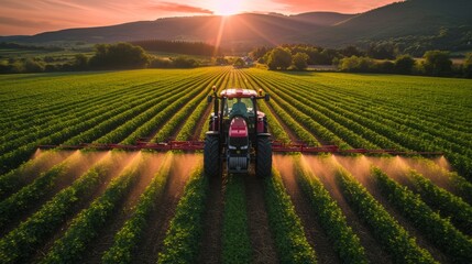 Modern tractor spraying farmland