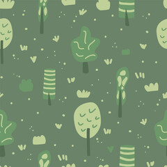 Summer forest landscape seamless pattern. Trees endless background. Park repeat cover. Vector flat hand drawn illustration.