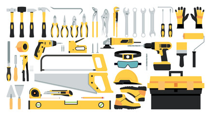 Essential Construction Tools Set for Repair and Installation, Vector Flat Illustration Design