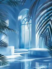 Kussenhoes A sleek, modern mockup podium set collection displayed in a vibrant blue tone, surrounded by elegant palm leaves on an abstract background © standret