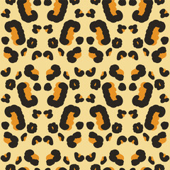 Leopard seamless pattern. Animal skin fur print endless background. Exotic wild repeat cover. Stylized spots simply loop ornament. Vector hand drawn illustration.