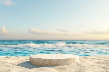 Summer sand and sea, backdrop for product placement with empty flat stone podium