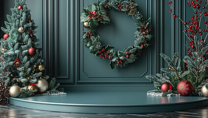  A dark green podium with Christmas decorations and wreaths, featuring red berries and blue spruce trees on the sides. Created with Ai