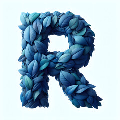 The letter R is made out of blue Leaves, Isolated on a white background, leaves font concept, Creative Alphabet, Letters, Natural Blue
