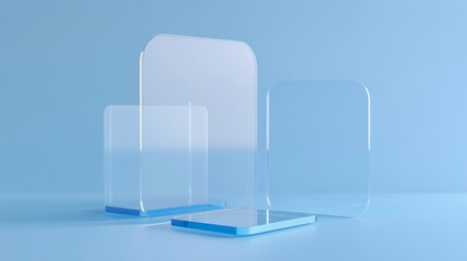Transparent thin rounded rectangular shapes overlapping, blue background, gradient frosted glass effect