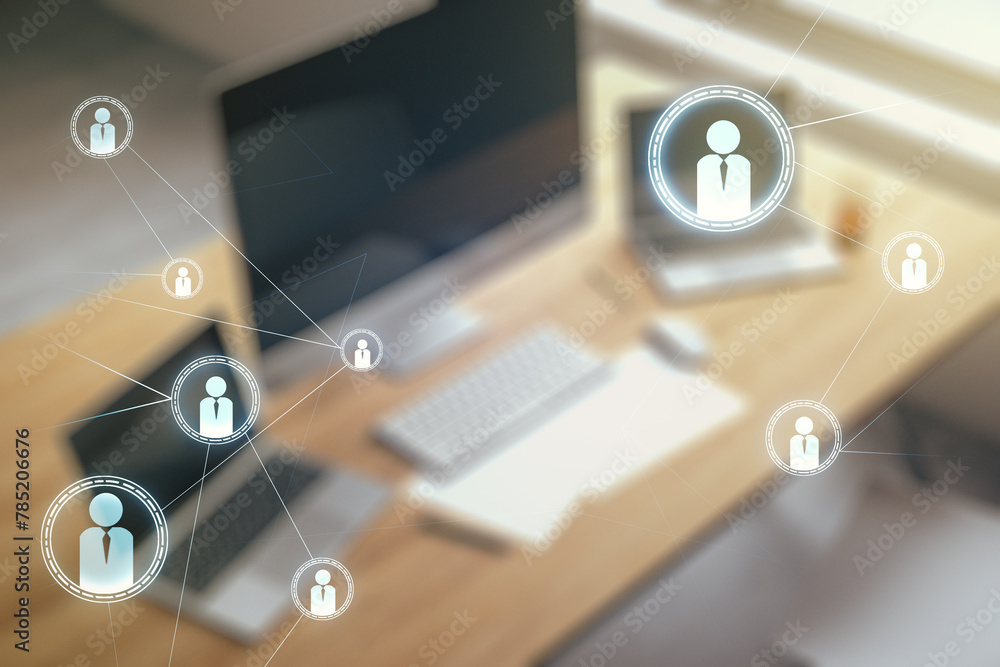 Poster double exposure of social network icons concept and modern desktop with laptop on background. market