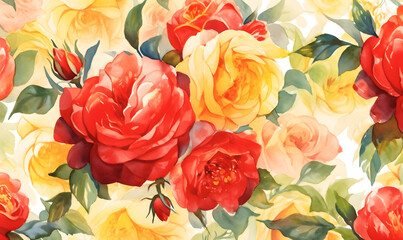 Red and yellow roses pattern, watercolor, Generative AI