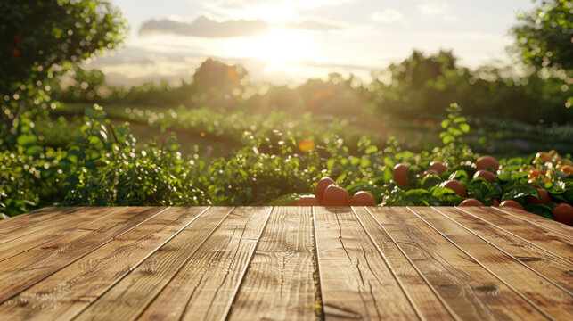 a wooden platform, minimalist podest stage design, vegetables and fields in the background, sunlight, sun shining,