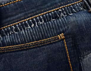 Denim Jeans Hem and Seam Detail. quality of the stitching and denim fabric. The jeans are laid out to showcase the durability and construction detail, ideal for apparel mockups and fashion design.