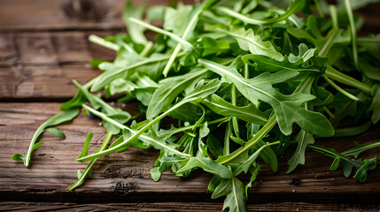 Heap of fresh arugula leaves on rustic wooden background, green salad ingredient

