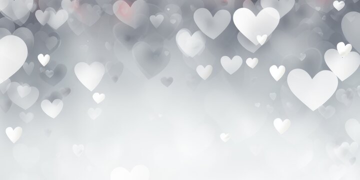 Light gray background with white hearts, Valentine's Day banner with space for copy, gray gradient, softly focused edges, blurred