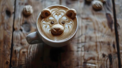 Whimsical Panda Shaped Latte Art on Cozy Wooden Table Overhead View with Soft Focus