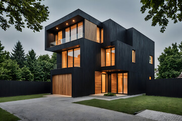 Modern luxurious minimalist cube house, villa with wooden cladding and black panel walls and...