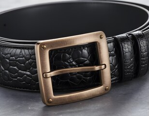 Black Leather Belt: Close-Up on Buckle and Texture. Detailed view of a black leather belt, focusing on the buckle and leather texture. This close-up emphasizes the belt's craftsmanship 