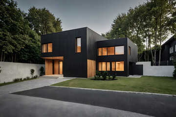 Modern luxurious minimalist cube house, villa with wooden cladding and black panel walls and landscaping design front yard. Residential architecture exterior.