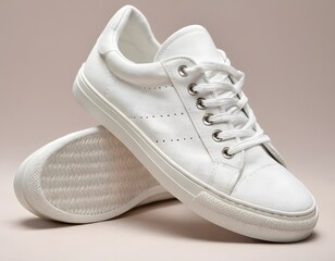 Plain white sneakers. Detail of Laces and Fabric. pristine condition and texture of the material. The sneakers are positioned against a simple, solid background to emphasize their potential