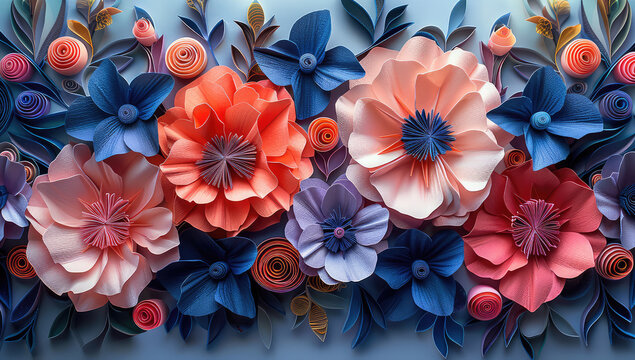 3D background, relief flowers, orange and pink roses and daisies on the left side of the picture. Created with Ai