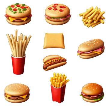 3d realistic render fast food icon set on Isolated transparent background png. generated with AI