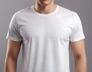 Blank White T-Shirt on a Model. detailed close-up of a blank white t-shirt worn by a model, focusing on the chest area to emphasize the smooth, undecorated fabric. 