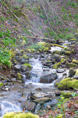 A stream of water flows through a rocky area with moss growing on the rocks