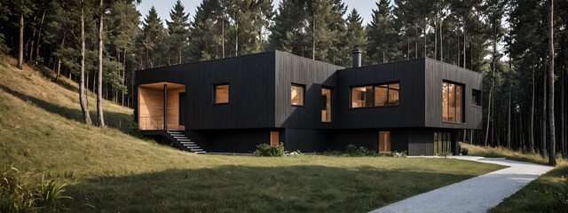 Modern luxurious minimalist cube house, villa with wooden cladding and black panel walls and...