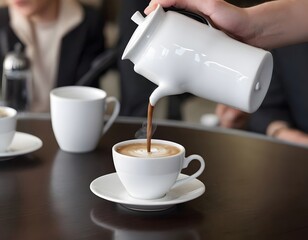 Pouring Coffee During a Break in Business Negotiations. white porcelain cup during a break in business negotiations, with a coffee pot and other meeting paraphernalia softly blurred in the background.