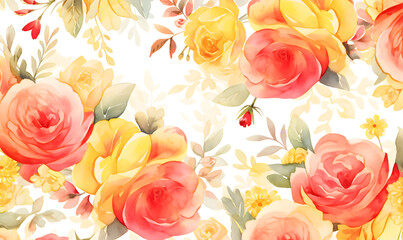 Red and yellow roses pattern, watercolor, Generative AI