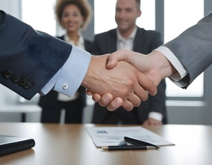 Handshake Closing a Deal. two business professionals shaking hands over a polished office table, symbolizing the closing of a deal. The focus is on the handshake, with documents and digital devices