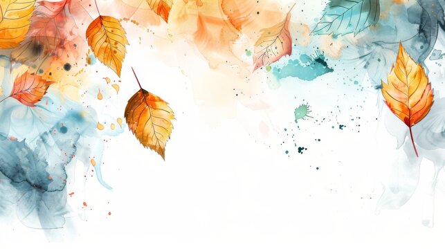 Colorful watercolor paint splashes with painted leaves frame with copyspace for your text