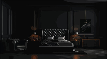 3D interior of dark bedroom black walls luxury room 