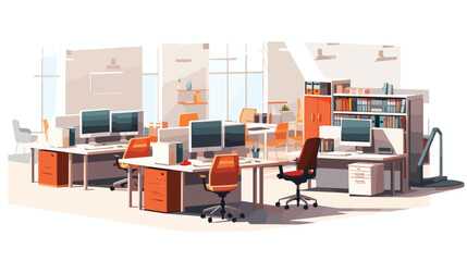 3D office interior work place computers tables and cab