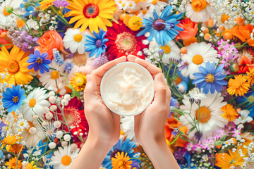 Nourishing skincare cream on floral background - obrazy, fototapety, plakaty